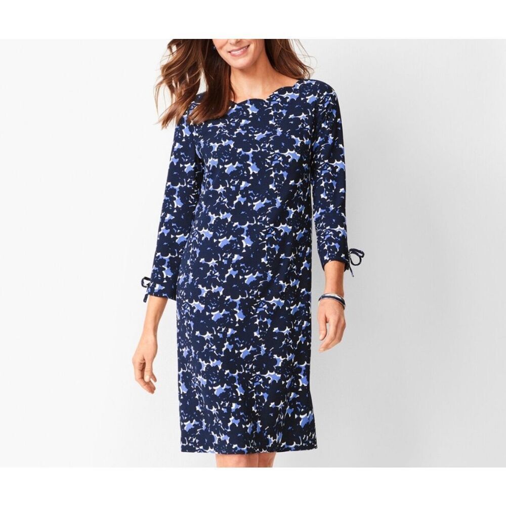 Talbots Dress Women’s 14 Blue Floral Print Shift‎ Scalloped Neck 3/4 Sleeves NWT
